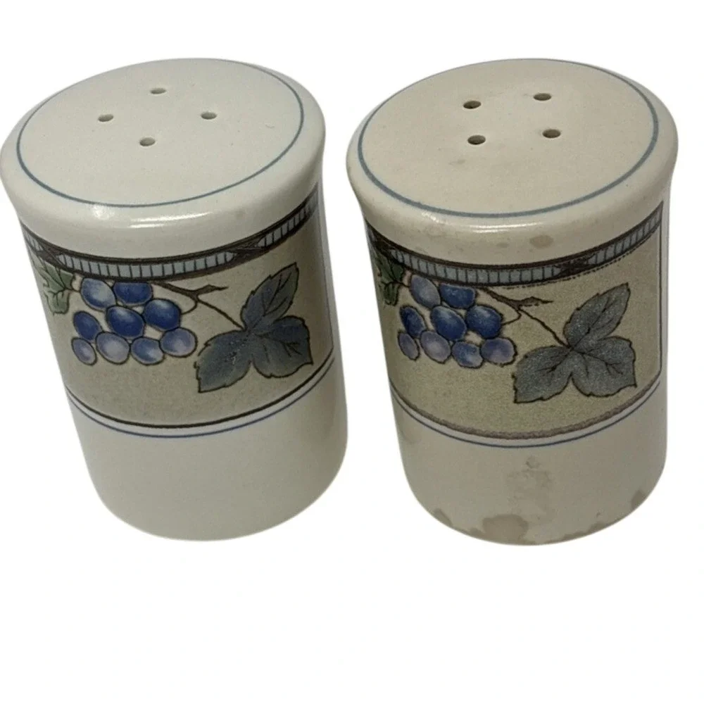 Vintage Fruit Motif Stoneware Salt and Pepper Shaker Set Grapes Peaches Malaysia
